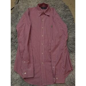 Ralph Lauren Classic pink Gingham Check Button Down Shirt Small 14.5 Green Pony